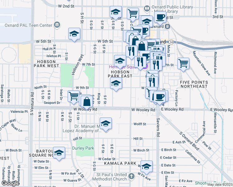 map of restaurants, bars, coffee shops, grocery stores, and more near 910 South E Street in Oxnard