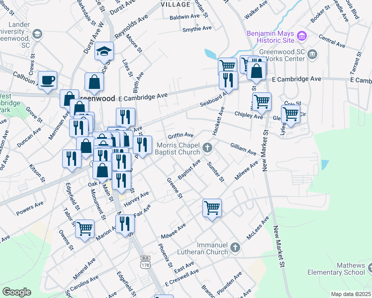 map of restaurants, bars, coffee shops, grocery stores, and more near 511 Hall Avenue in Greenwood
