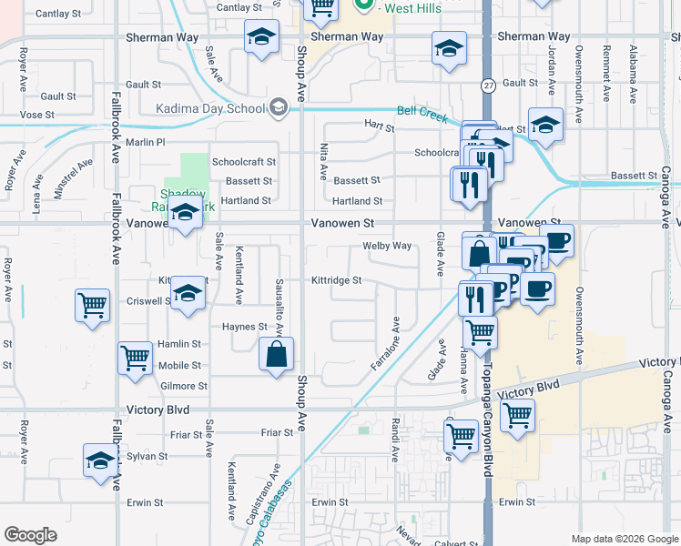 map of restaurants, bars, coffee shops, grocery stores, and more near 6719 Rudnick Avenue in Los Angeles