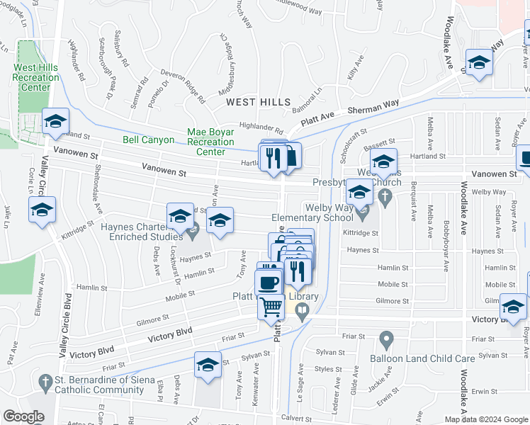 map of restaurants, bars, coffee shops, grocery stores, and more near 23721 Archwood Street in Los Angeles