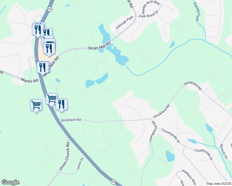 map of restaurants, bars, coffee shops, grocery stores, and more near 4827 Upper Berkshire Road in Flowery Branch