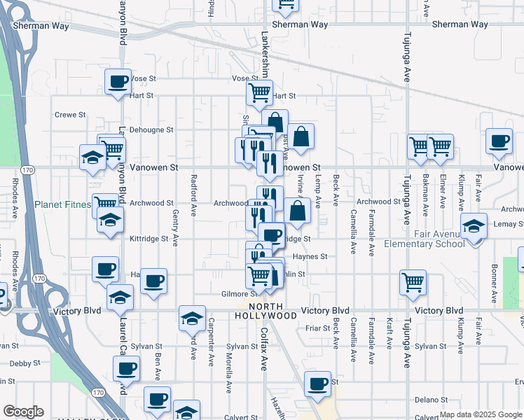 map of restaurants, bars, coffee shops, grocery stores, and more near 6708 Lankershim Boulevard in Los Angeles