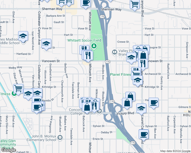 map of restaurants, bars, coffee shops, grocery stores, and more near 12420 Archwood Street in Los Angeles