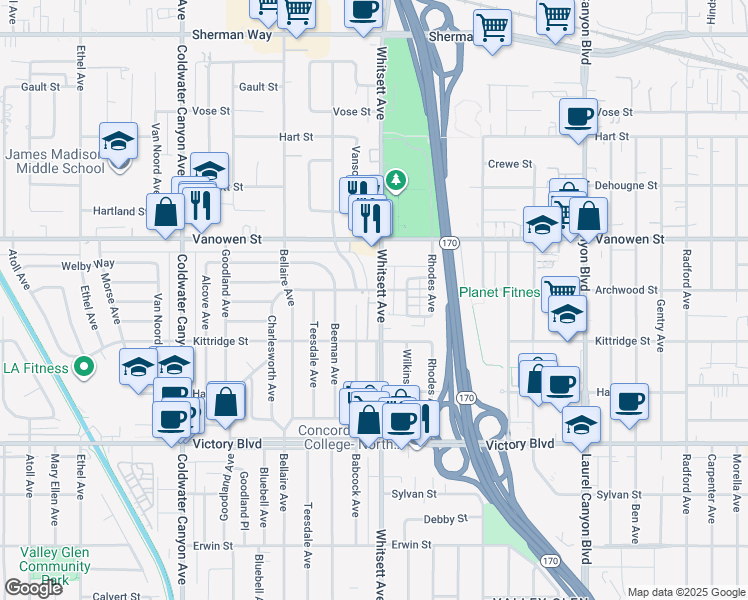 map of restaurants, bars, coffee shops, grocery stores, and more near 6707 Whitsett Avenue in Los Angeles