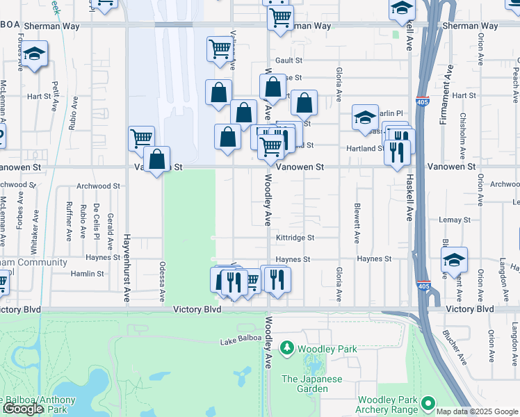map of restaurants, bars, coffee shops, grocery stores, and more near 6710 Woodley Avenue in Los Angeles