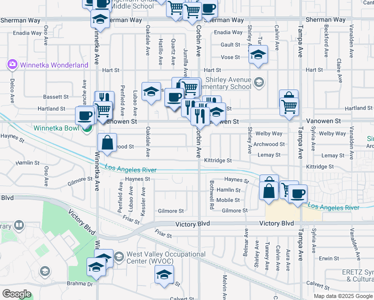 map of restaurants, bars, coffee shops, grocery stores, and more near 6712 Jumilla Avenue in Los Angeles