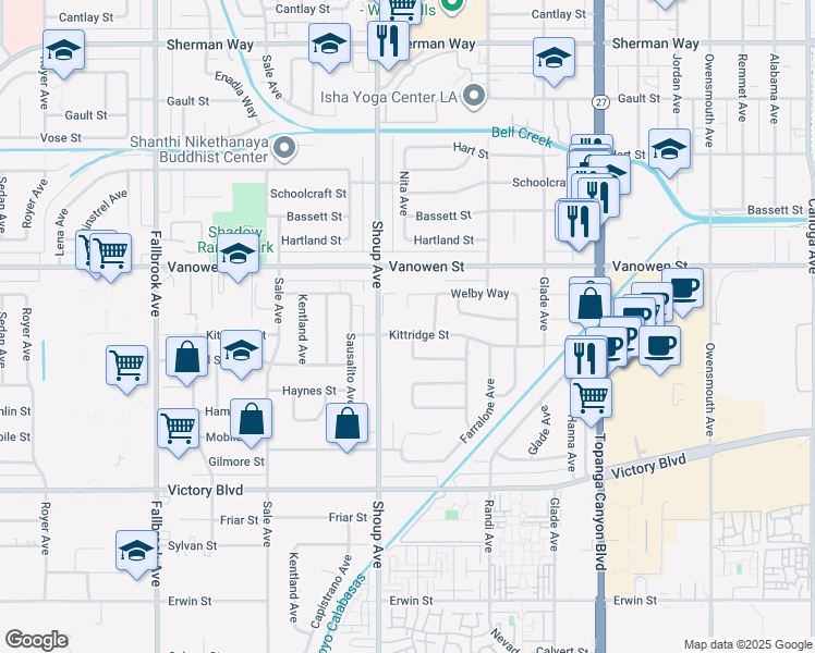 map of restaurants, bars, coffee shops, grocery stores, and more near 22353 Welby Way in Los Angeles
