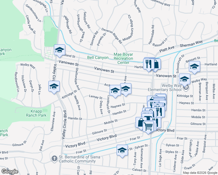 map of restaurants, bars, coffee shops, grocery stores, and more near 23952 Welby Way in Los Angeles