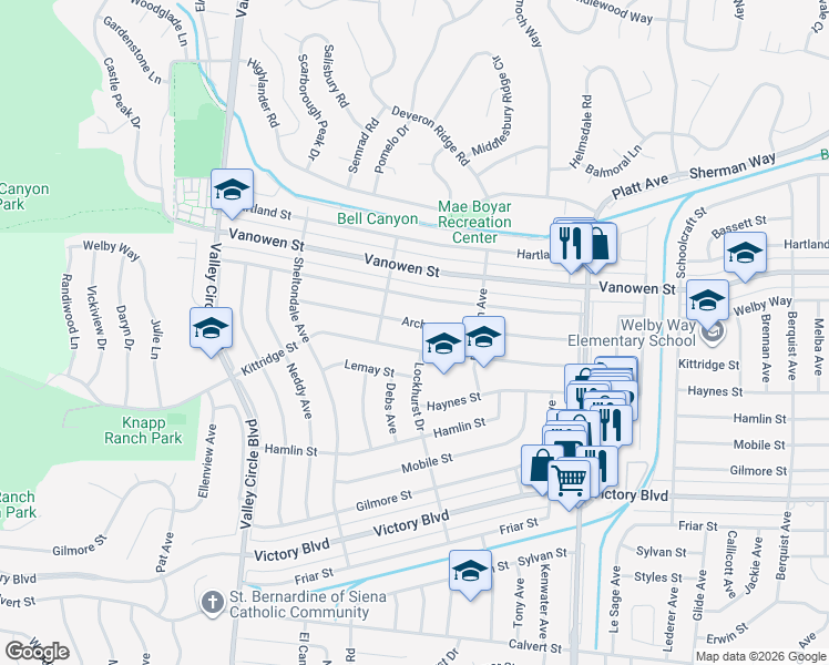 map of restaurants, bars, coffee shops, grocery stores, and more near 23952 Welby Way in Los Angeles