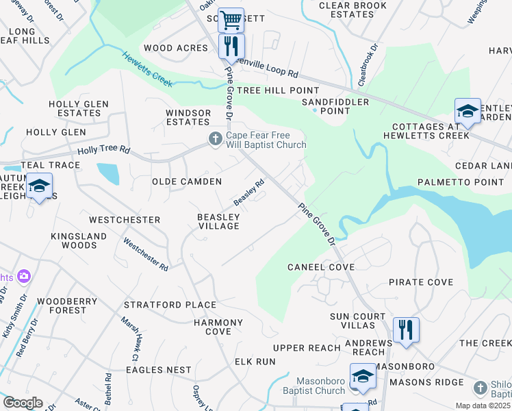 map of restaurants, bars, coffee shops, grocery stores, and more near 122 Beasley Road in Wilmington