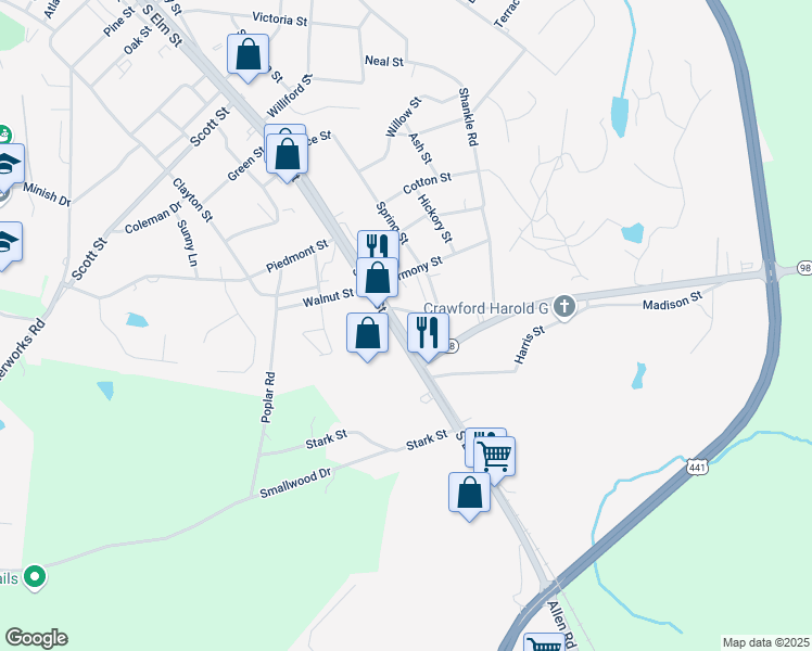 map of restaurants, bars, coffee shops, grocery stores, and more near 684 South Broad Street in Commerce