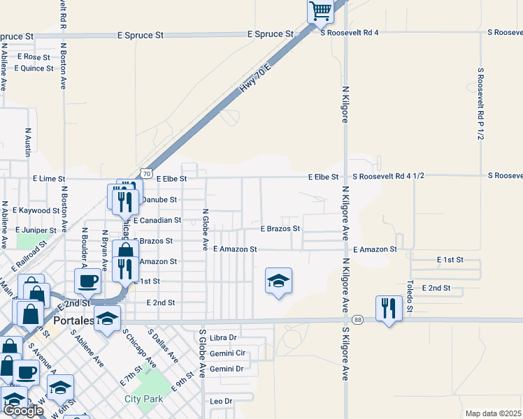 map of restaurants, bars, coffee shops, grocery stores, and more near 1101 North Laredo Avenue in Portales