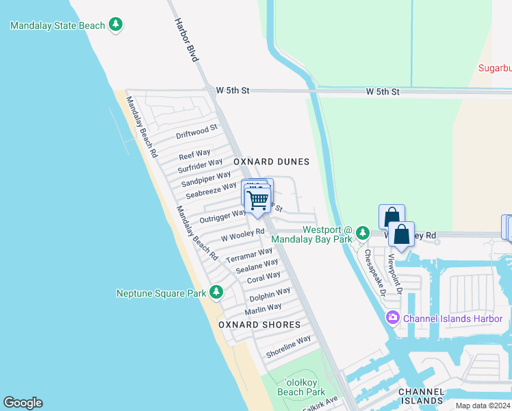 map of restaurants, bars, coffee shops, grocery stores, and more near 5100 Whitecap Street in Oxnard