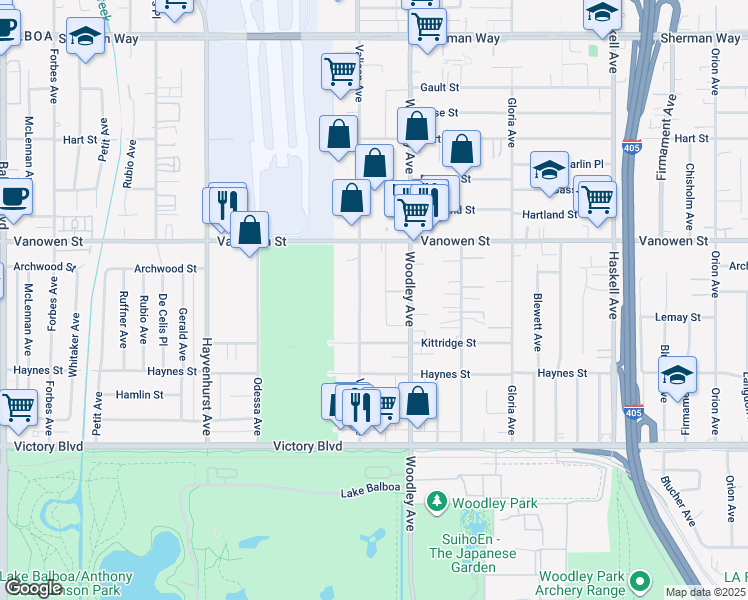 map of restaurants, bars, coffee shops, grocery stores, and more near 6656 Valjean Avenue in Los Angeles