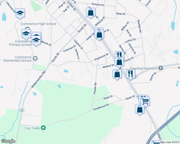 map of restaurants, bars, coffee shops, grocery stores, and more near 123 Creekdale Drive in Commerce