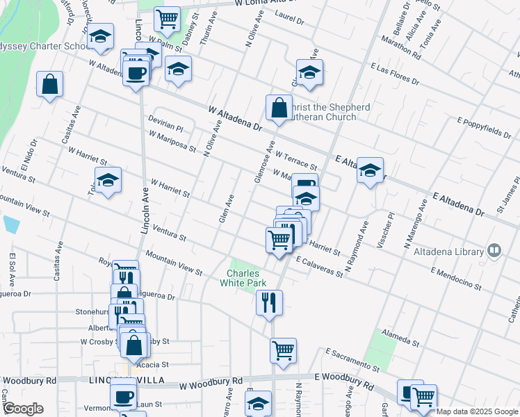 map of restaurants, bars, coffee shops, grocery stores, and more near 128 West Mendocino Street in Altadena
