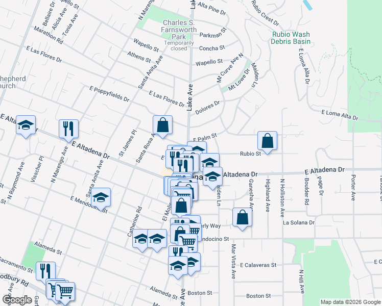 map of restaurants, bars, coffee shops, grocery stores, and more near 2680 Lake Avenue in Altadena