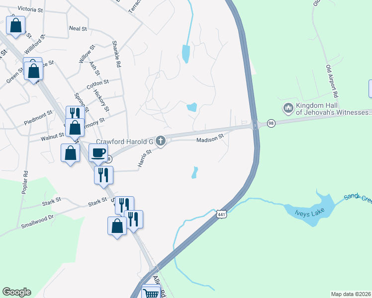 map of restaurants, bars, coffee shops, grocery stores, and more near 492 Ila Road in Commerce