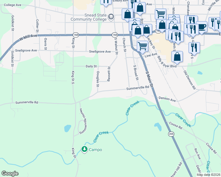 map of restaurants, bars, coffee shops, grocery stores, and more near 319 Bassett Street in Boaz