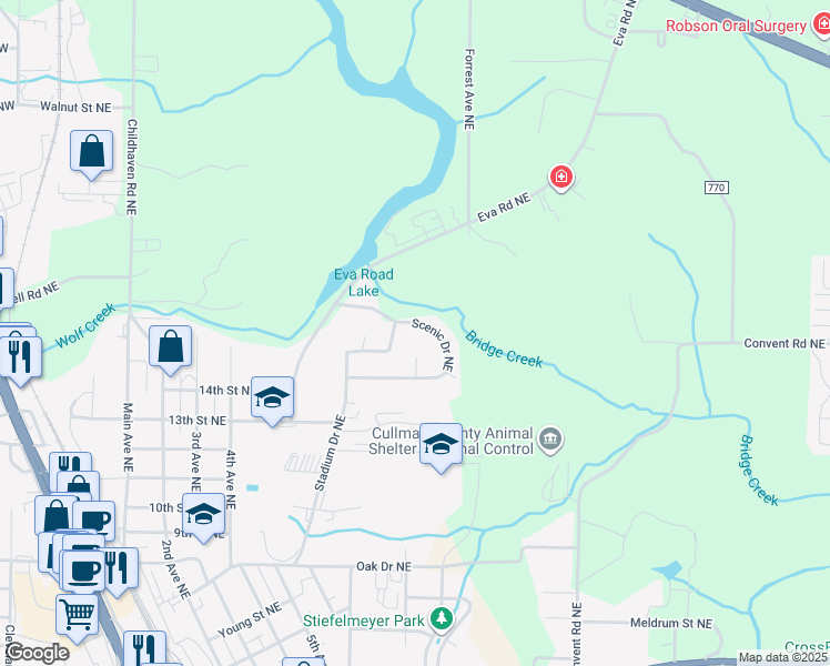 map of restaurants, bars, coffee shops, grocery stores, and more near 851 Scenic Drive Northeast in Cullman