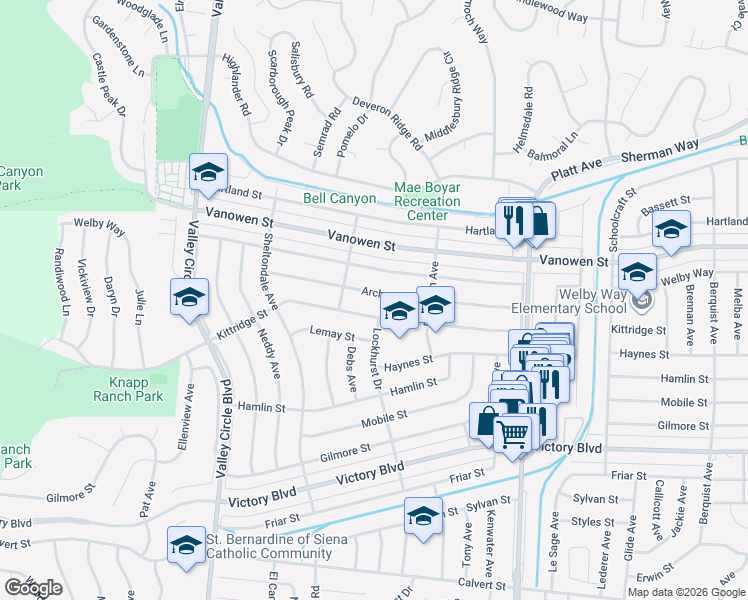 map of restaurants, bars, coffee shops, grocery stores, and more near 23952 Welby Way in Los Angeles