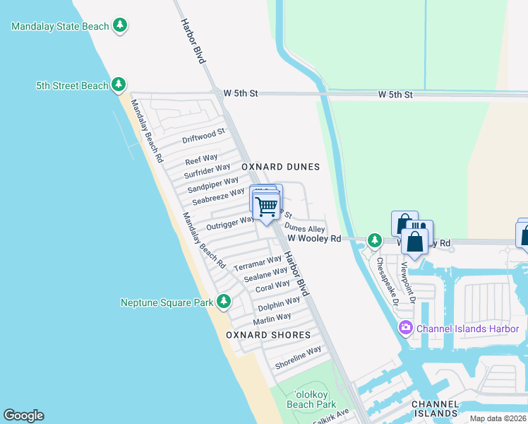 map of restaurants, bars, coffee shops, grocery stores, and more near 5100 Whitecap Street in Oxnard