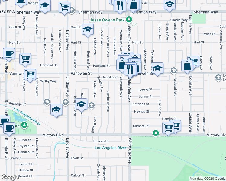 map of restaurants, bars, coffee shops, grocery stores, and more near 6655 Balcom Avenue in Los Angeles