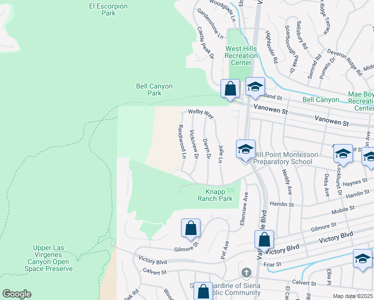 map of restaurants, bars, coffee shops, grocery stores, and more near 6652 Randiwood Lane in Los Angeles County