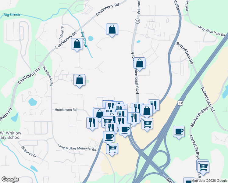 map of restaurants, bars, coffee shops, grocery stores, and more near 240 Azalea Circle in Cumming