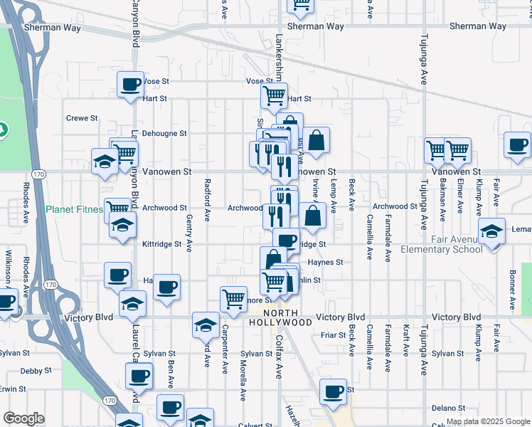 map of restaurants, bars, coffee shops, grocery stores, and more near 11714 Archwood Street in Los Angeles