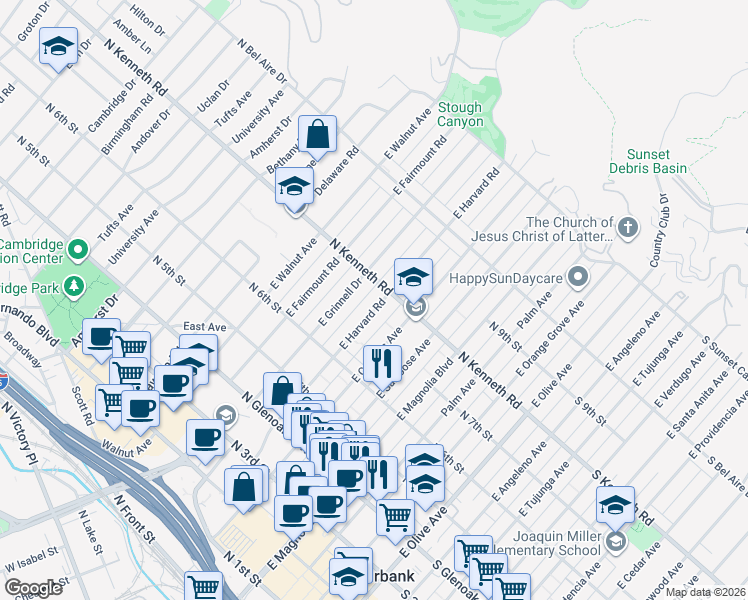 map of restaurants, bars, coffee shops, grocery stores, and more near 727 East Harvard Road in Burbank
