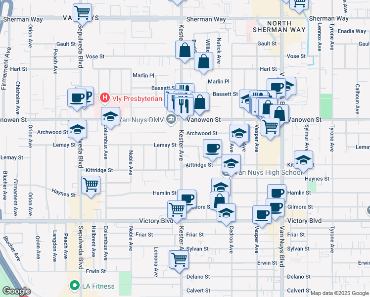 map of restaurants, bars, coffee shops, grocery stores, and more near 14830 Archwood Street in Los Angeles