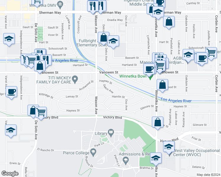 map of restaurants, bars, coffee shops, grocery stores, and more near 20408 Haynes Street in Los Angeles