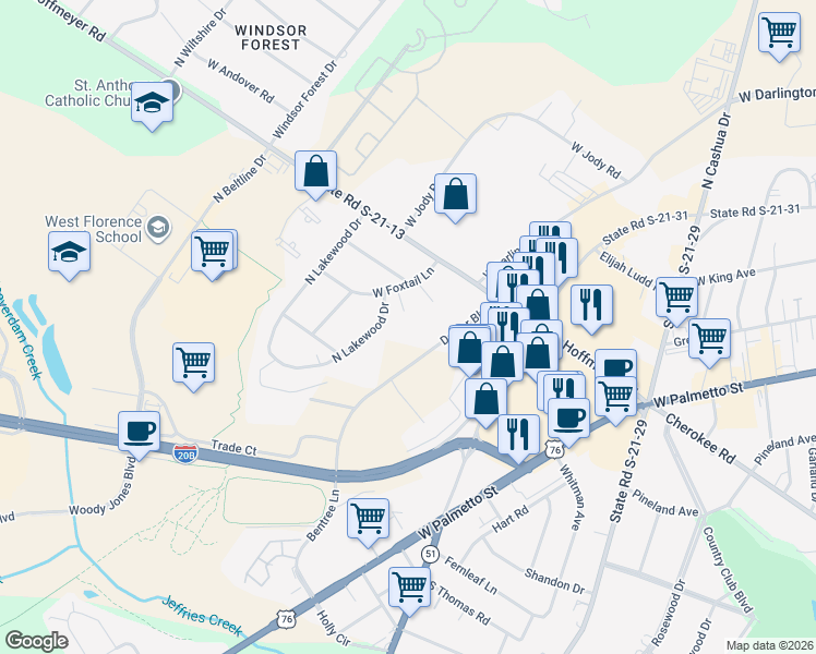 map of restaurants, bars, coffee shops, grocery stores, and more near 2225 Woodridge Lane in Florence
