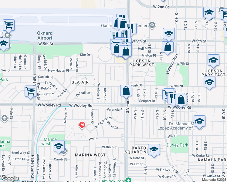 map of restaurants, bars, coffee shops, grocery stores, and more near 924 Piedmont Street in Oxnard