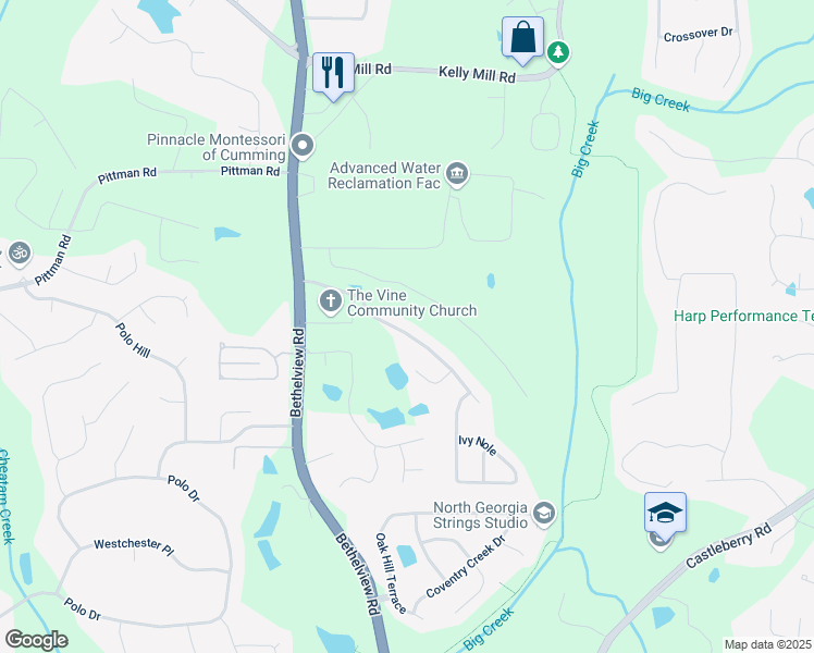 map of restaurants, bars, coffee shops, grocery stores, and more near 4765 Silver Leaf Drive in Cumming