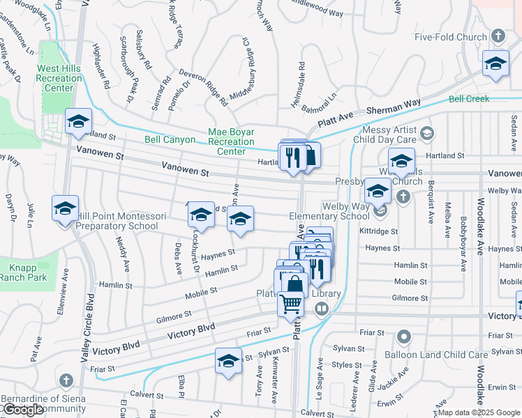 map of restaurants, bars, coffee shops, grocery stores, and more near 23807 Archwood Street in Los Angeles