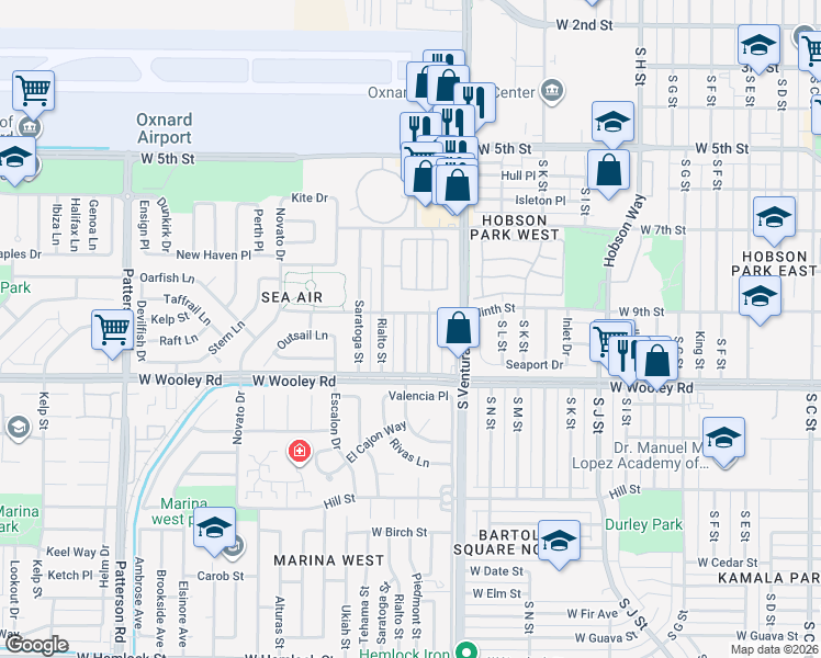 map of restaurants, bars, coffee shops, grocery stores, and more near 924 Piedmont Street in Oxnard