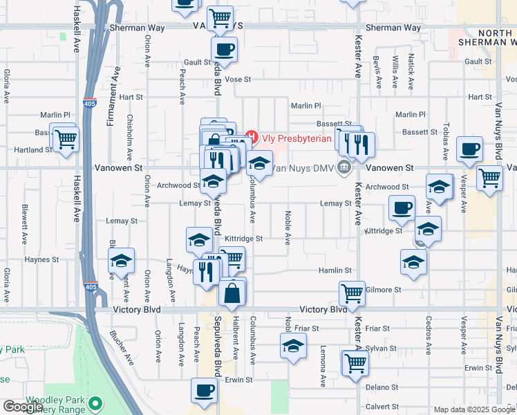 map of restaurants, bars, coffee shops, grocery stores, and more near 6661 Columbus Avenue in Los Angeles