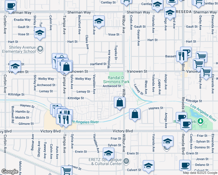 map of restaurants, bars, coffee shops, grocery stores, and more near 18907-18997 Archwood Street in Los Angeles