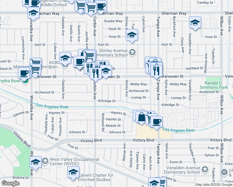 map of restaurants, bars, coffee shops, grocery stores, and more near 6719 Melvin Avenue in Los Angeles