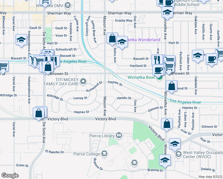 map of restaurants, bars, coffee shops, grocery stores, and more near 20450 Haynes Street in Los Angeles