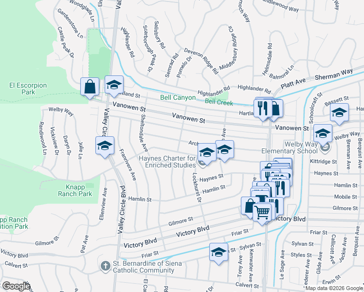 map of restaurants, bars, coffee shops, grocery stores, and more near 24033 Archwood Street in Los Angeles