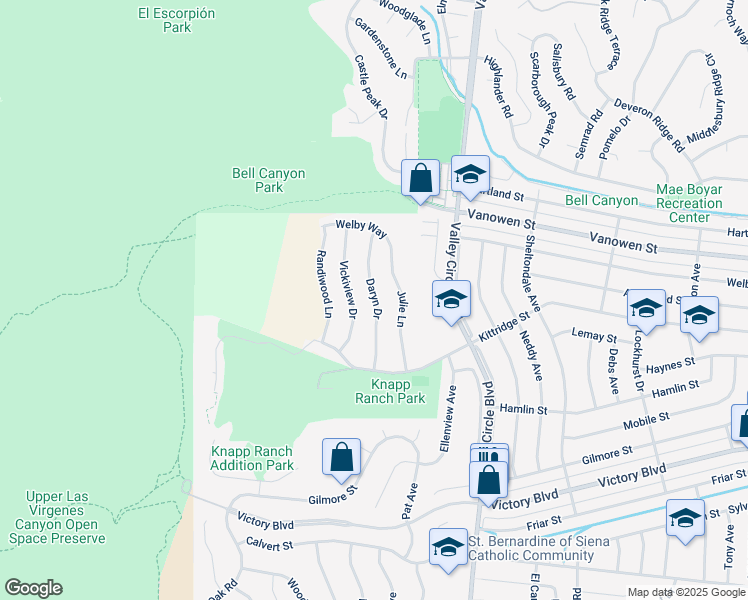 map of restaurants, bars, coffee shops, grocery stores, and more near 6724 Daryn Drive in Los Angeles County