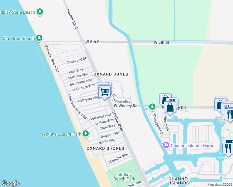 map of restaurants, bars, coffee shops, grocery stores, and more near 4953 Dunes Circle in Oxnard