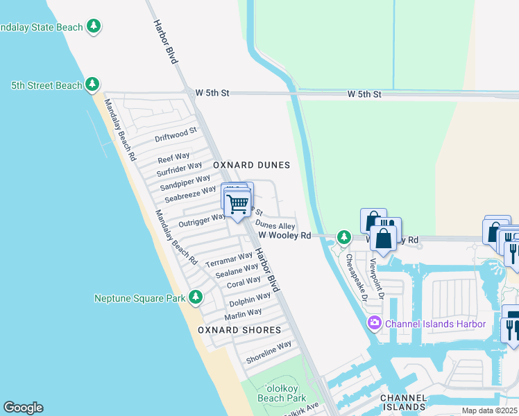 map of restaurants, bars, coffee shops, grocery stores, and more near 4953 Dunes Circle in Oxnard