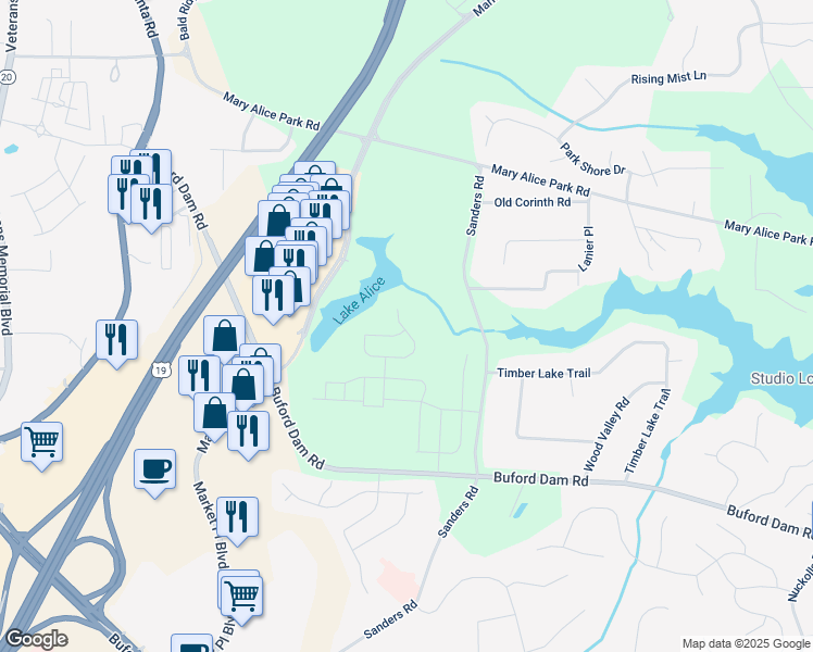 map of restaurants, bars, coffee shops, grocery stores, and more near 75 Mayfair Street in Dawsonville