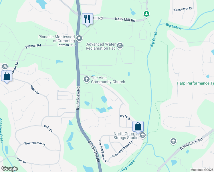map of restaurants, bars, coffee shops, grocery stores, and more near 4765 Silver Leaf Drive in Cumming