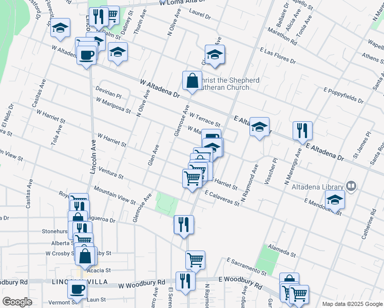 map of restaurants, bars, coffee shops, grocery stores, and more near 77 West Mendocino Street in Altadena