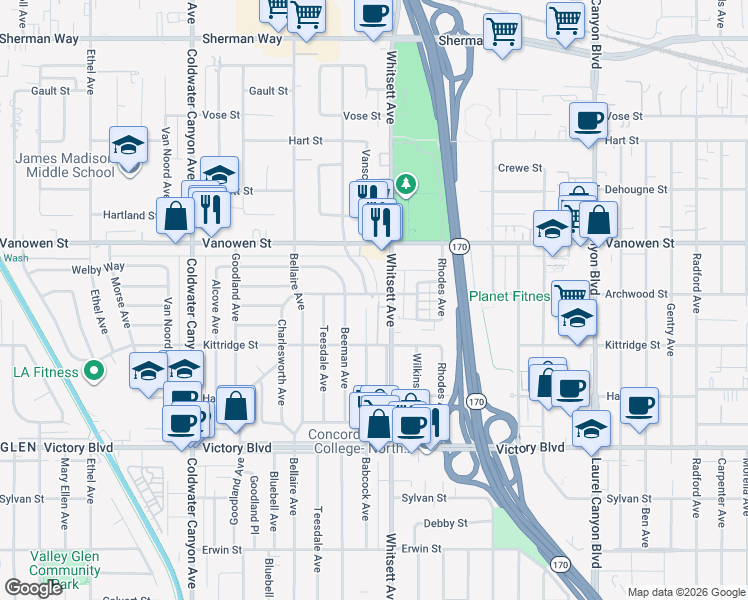 map of restaurants, bars, coffee shops, grocery stores, and more near 12516 Archwood Street in Los Angeles